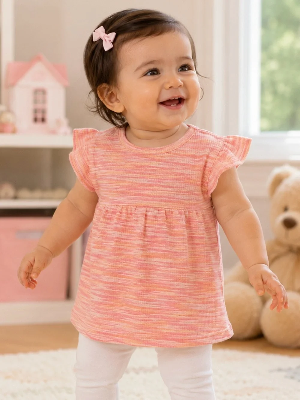 Old Navy Baby Girls 12-18M Pink Orange Space Dye Ruffle Sleeve Peplum Top